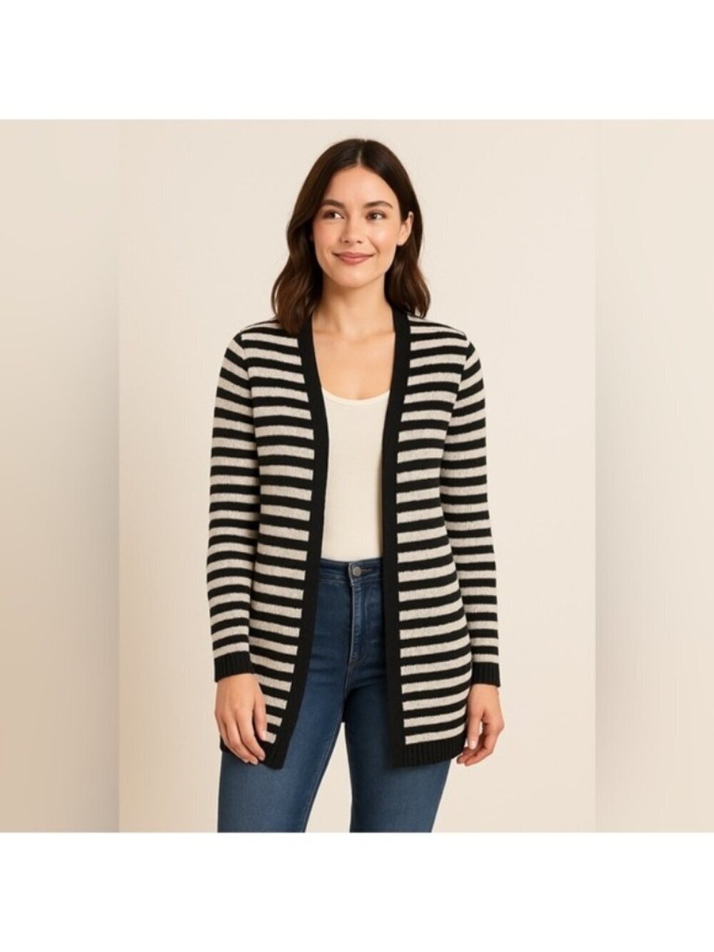 Dynamite Women’s Black & White Striped Open Front Knit Cardigan - XS